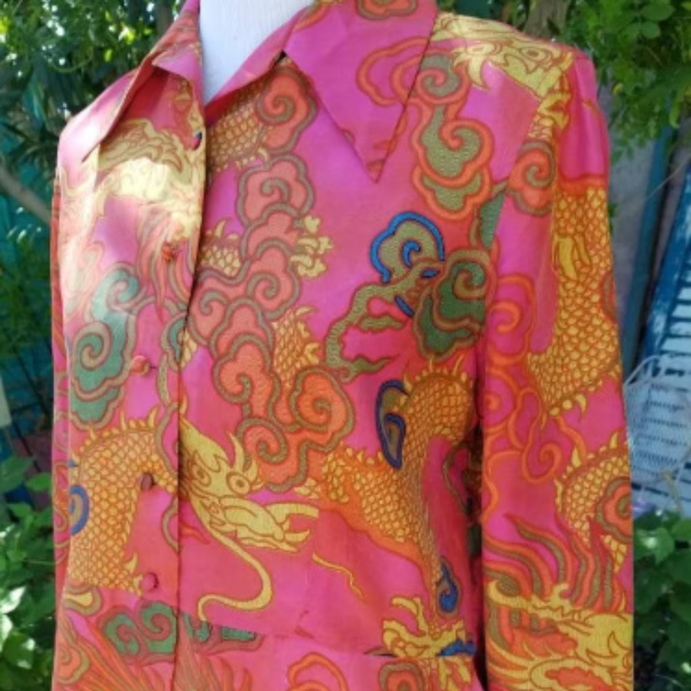 Vintage top shirt womens 80s 90s silk floral long sleeve peplum psychedelic